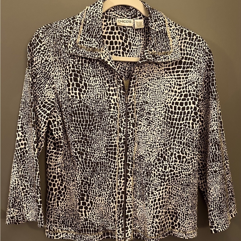 Chico's Black and Creme Animal Print Jacket - Size 0
